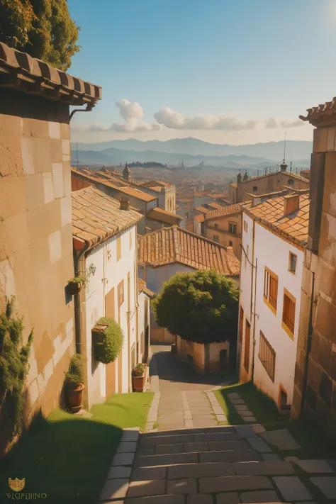 1144, santiago de compostela, Spain. Escena de otro mundo, in the background a medieval landscape view of the city of santiago de compostela, Vista a la calle, ((Cinematic style by Wes Anderson)), De color