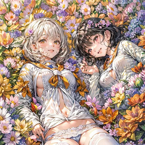 (((4 KAWAII girls laying in a colorful flower space, full of flowers))), ((SFW)), (Acutance), (Exposed:1.2), (Nipple:-0.9), (Detailed KAWAII Face variations), { Sailor collar Uniform | Delicate white lace knitted wear | Delicate bikini made only from flowe...