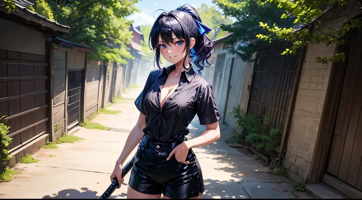 1girl, solo, ((full body)), village, trees, colorful hair, curly hair, ponytail, large breasts, button down shirt, ninja, ((black shirt)), ((unbuttoned shirt)), ((short sleeved shirt)), blue eyes, black shorts, katana, grin, looking at the viewer, ((standi...