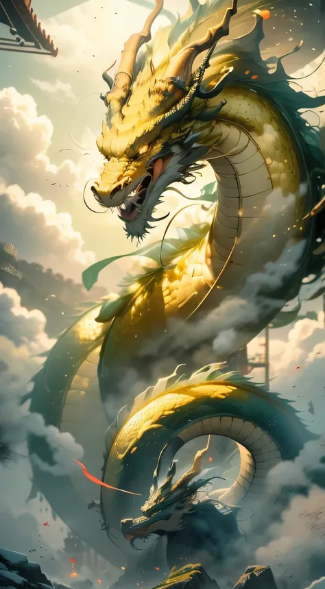 Photorealsitic　Overall picture of the Chinese dragon　One Dragon　Even the air shines golden　long to　Wrap it around Toguro　Mythical　The background is nature