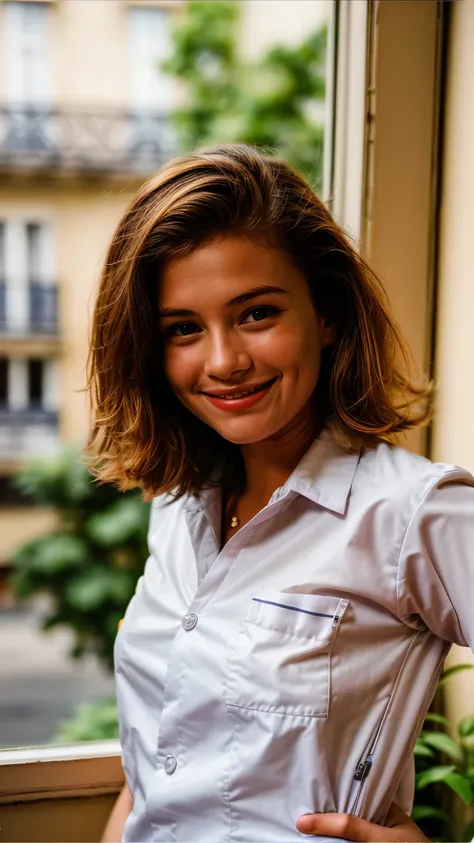 Photographie d&#39;a student, (18 ans), (playful smile), textured skin, (((((uniforme d&#39;english student))))), ((fond appartement parisien)), profil de groupe, Des yeux parfaits, ((hard lighting:1.4)), Velvia 100 couleur, shot on CineStill 800T, Bokeh, ...