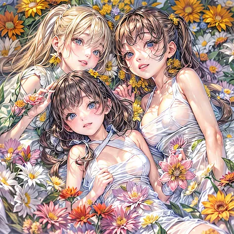 (((4 KAWAII girls laying in a colorful flower space, full of flowers))), ((SFW)), (Acutance), (Exposed:1.2), (Nipple:-0.9), (Detailed KAWAII Face variations), { Sailor collar Uniform | Delicate white lace knitted wear | Delicate bikini made only from flowe...