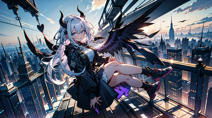 laughing heartily, gradient eyes, full body, (The girl protagonist overlooking the demonic city from above:1.2), (Manhattan city:1.2),