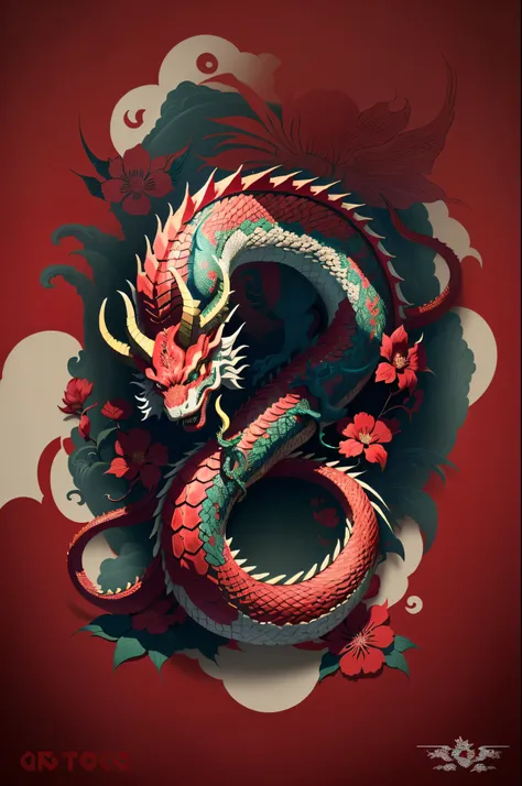 a red dragon with a dragon head and flowers on a white background, majestic japanese dragon, colorful illustration for tattoo, red dragon, japanese art style, tatuagens orientais, inspirado em Utagawa Yoshitaki, inspirado em Utagawa Hirokage, down left arm...