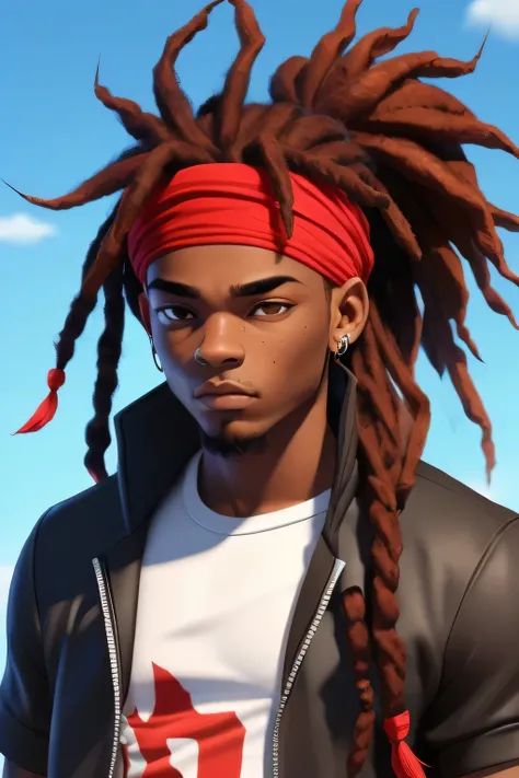 um rapper adolescente negro com uma bandana no cabelo ruivo com dreadlocks, vestindo uma camisa branca, Serious expression. 3d estilo dos desenhos animados