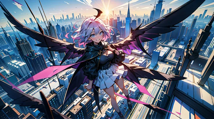 laughing heartily, gradient eyes, full body, (The girl protagonist overlooking the demonic city from above:1.2), (Manhattan city:1.2), nsfw