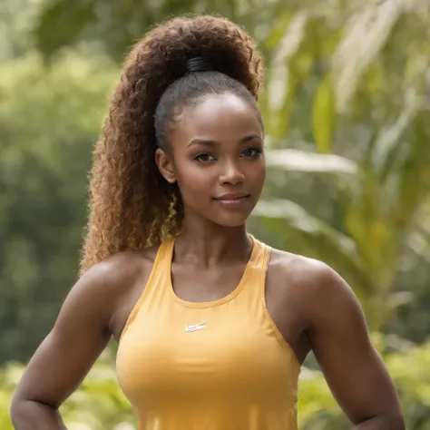 ((Dark African skin, Very deep ebony skin)), ((Its beauty  undeniable)), ((Excited cute face)), ((Hyper detailed perfect eyes,)), ((pose mignonne)), ((Langue sortie)), ((Seductive )), sexy, (( Tight yellow sport top, shorts sexy)), ((Afro ponytail with lon...