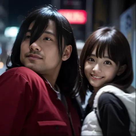 Two people standing together in the night city, japanese live action movie, still from live action movie, live action movie scene, movie promo image, trending on bbwchan, style of ssss.gridman (2018), Trending on CGSTATION, hime-cut, けもの、The man is super o...