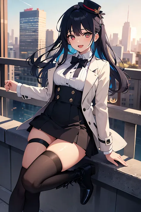 1girl, blue_hair,boots,breasts,full_body,knee_boots,long_hair,long_sleeves,looking_at_viewer,open_mouth,red_eyes,smile,solo,thigh_strap,white shirt, suspender skirt, bow tie, coat, black coat, turquoise hair, thigh belt, skirt that goes up below the chest,...