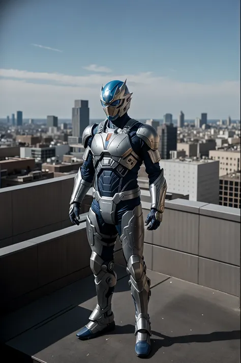 A super a high-tech biotech battle suit, standing on a rooftop, looking over the city, Japanese tokusatsu and American comic style, biometallic texture of the suit, sleek and shiny, dynamic, fast, natural light, cinematic, high quality, high resolution, hi...