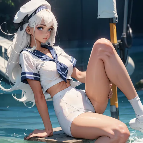 quality，busty figure，squatt，legs separated，Facing the lens，see-through sailor suit，cabelos preto e longos，White-colored skin，sweat leggs