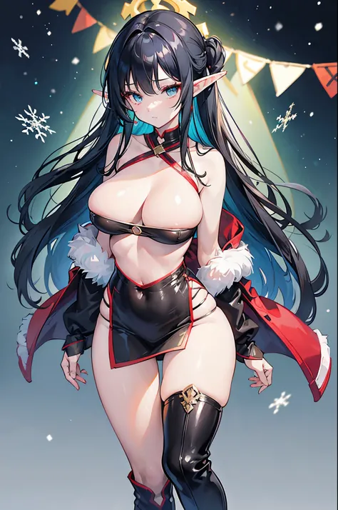 detailed image, realistic image, 1 elf. She has long black hair with some red locks, large turquoise eyes and a delicate oval face, medium breasts and a curvy figure. She wears a Christmas off-shoulder sweater, Christmas pleated miniskirt, thin thong, mid-...