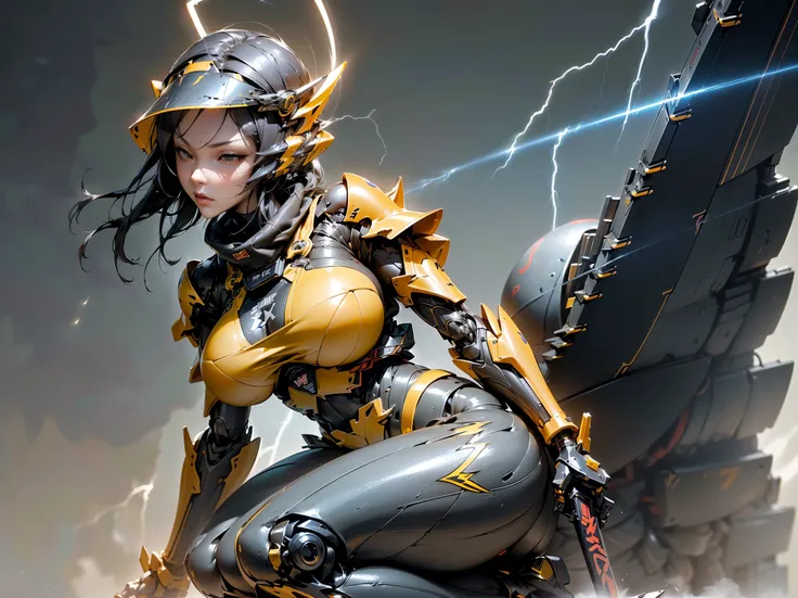 Woman Holding a Sword,Wearing samurai robot armor,(tactical helmet),(yellow body:1.1),(sensually:1.4),(large full breasts:1.3),(long legged:1.1),(A detailed eye:1.3),(A detailed face:1.3),(Detailed weapons:1.3),(Detailed body:1.3),(full bodyesbian:1.5),(Th...