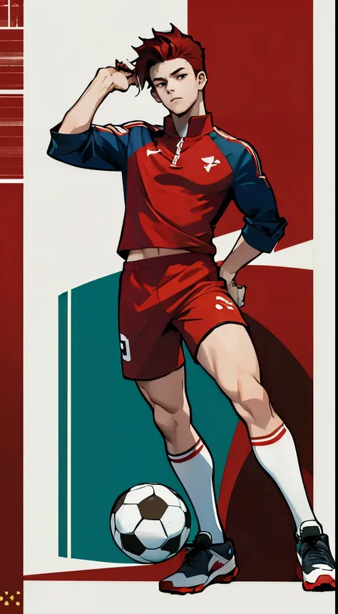 ((Red Soccer Uniform))、((male people))、((slim body))、((Full body portrait))、((long shorts))、((captain mark))