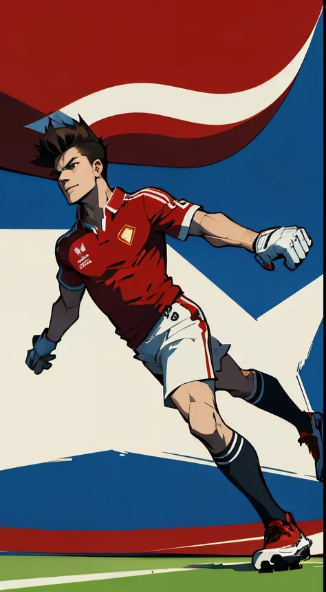 ((Red Soccer Uniform))、((male people))、((slim body))、((Full body portrait))、((goalkeeper))