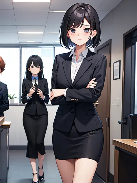 A man is surrounded by three office ladies.。One of the three women is a male senior.、One is a male colleague、One is a male junior.。The man is wearing a suit and looks nervous..。The location is the office。