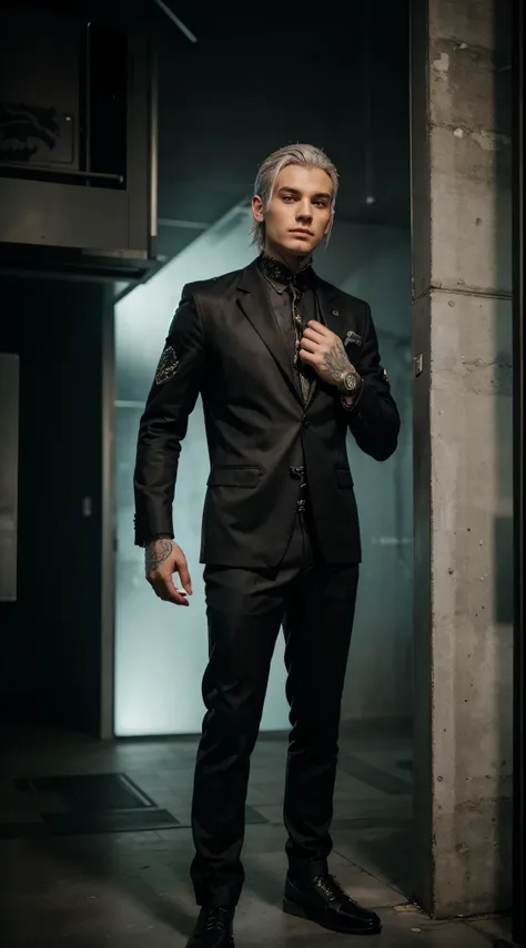 A young man wearing special black suit, he has silver hair, a dragon tatoo in his hand, wearing a cyberpunk watch. Full body