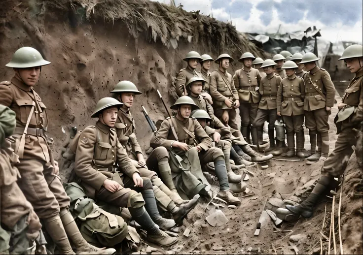 soldiers in uniforms are sitting on the side of a hill, colourised, ww1 photo, in trenches, ww1 trench, colourized, world war one, ww1 film photo, trenches, first world war, wwi, ww 1, ww1, world war 1, colorized, colorized photograph, taken on a ww 1 came...