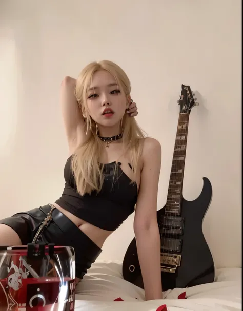 blond woman in black top and leather skirt sitting on bed with guitar, cruel korean goth girl, roseanne park of blackpink, portrait of jossi of blackpink, jossi of blackpink, ava max, she is wearing a black tank top, jia, e-girl, e - girl, misa amane *, gi...