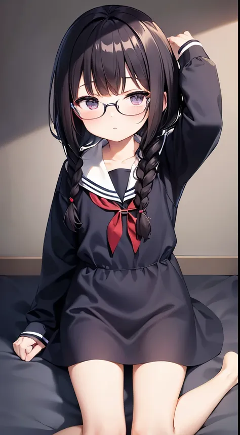 eye glass,a sailor suit,plain,pantyhose,moody,red blush,braids,child,loli,sole of feet,bangs,a dark-haired,5 years old,best qual...