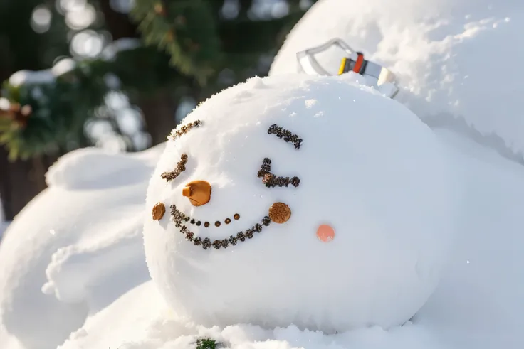 three-layer snowman, snowy forest, fluffy snow falling, Christmas tree, decorations on the tree, garland, night, close-up, Take this image with a high-resolution photo using a 120mm lens to get a beautiful perspective, bokeh