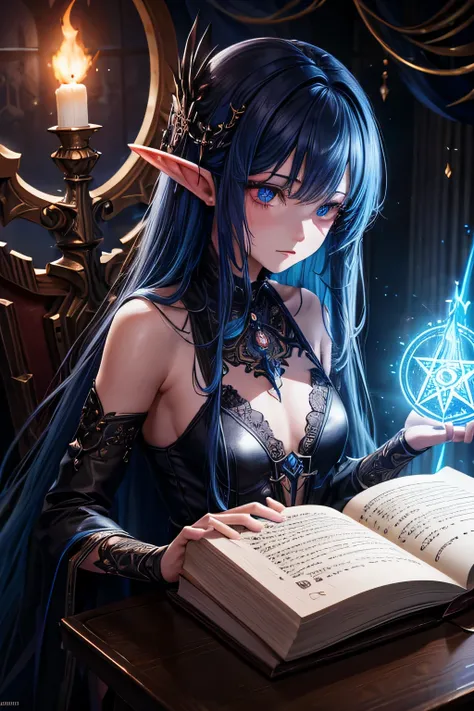 death,blood,night, dark, (Fantasy),Infinite,deep blue sky,The abyss of knowledge,knowledge,((masterpiece)), (((best quality))),((beautiful detailed eyes)),(eyelash),Monster,(1 girl),blue hair,long hair,abyss eyes,Shiny skin,oil,small breast,(bird body,feat...