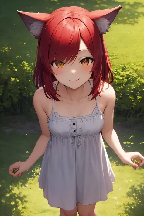 ((best quality)), ((masterpiece)), (detailed), perfect face, cute wolf girl, about 18 years old. Looks kind, smiling, red hair, short in height, looking up at the viewer. Standing in a field in a japanese countryside. whereing a reveling sundress