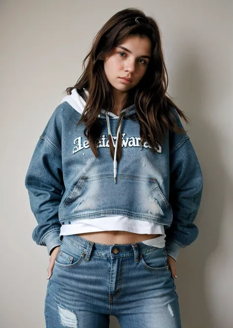 3D average looking 18 year old woman, wearing basic worn and battered jeans with a hoodie, worried look, medium brunette messy hair,