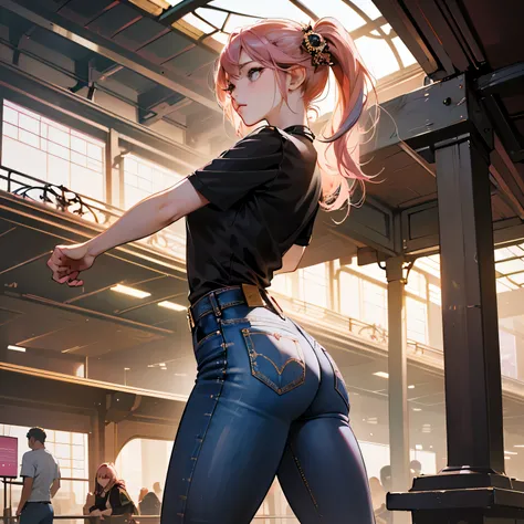 (masterpiece), (best quality), (Highres), Detailed, (Inricate Details 1.2), (Hyper Detailed 1.4), (Ornate Digital Art 1.2), absurdres, 1girl, small breasts, ass, hair ornaments, solo, pink hair, (black shirt:1.3), jeans, (train station:1.2) running, thighs...