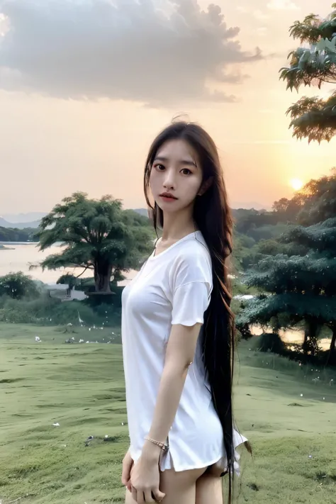 Thai Woman, look at viewer, long hair, long white shirt, no pants , cloud, day, sky,outdoors, post-apocalypse, ruins, scenery, tree, water,