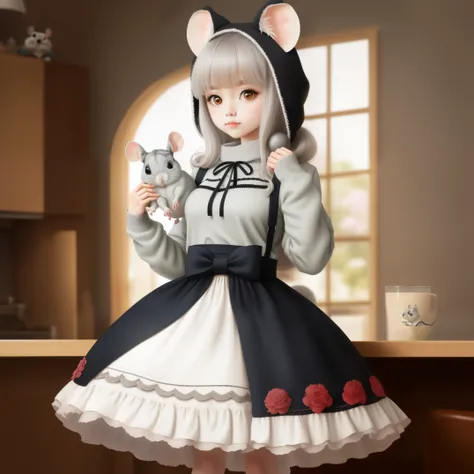 A cute chinchilla, wearing jumper skirt, lolita jumper, sweet lolita