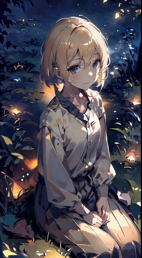 A young guy with blond hair in a loose shirt and trousers sits in the grass looking at the sky, A slight smile, Fireflies, Shining stars, night  sky, detailing, 4k, hd,