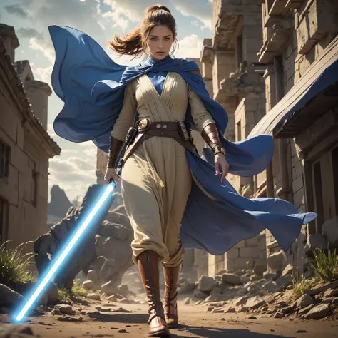 um jedi feminino, vestindo capa, sabre de luz azul, num campo de batalha, medieval,