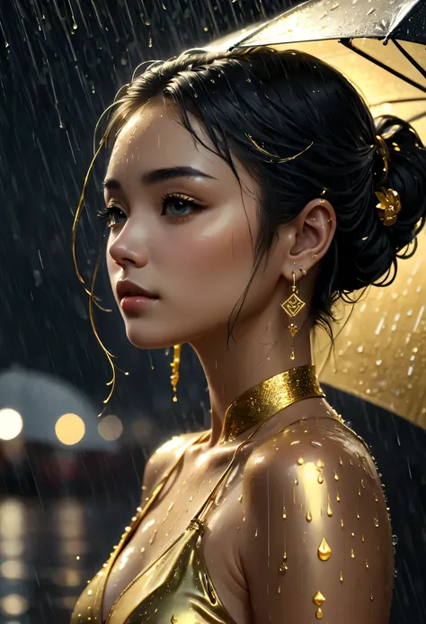 nighttime scene,Golden tattoo of girl in the rain wearing gold earrings, Vray tracking style, At that time Martin, Yumei, Inverted, close up, Dark white and gold, speedpainting, tmasterpiece, Best quality,