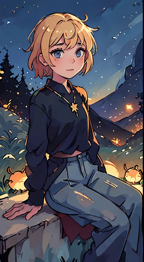 A young guy with blond hair in a loose shirt and trousers sits cross-legged in the grass, head raised up;, A slight smile, Fireflies, Shining stars, night  sky, detailing, 4k, hd, view from the grass, view from bottom