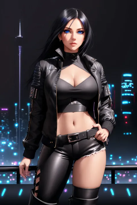 beautiful girl, ((standing:1.4)), (confident gaze:1.1), ((open jacket:1.4)), bright neon streaked black hair, ((realistic highly detailed eyes:1.4)), ((seductive pose:1.2)), large breasts, black eyeshadow, (street style wear:1.2), ((tight fitted pants)), (...