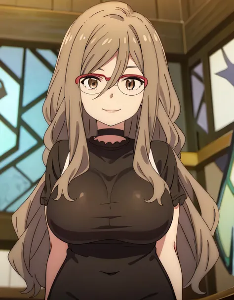 nakahara rishi,absurderes,perfect anatomy,nakahara mitsuki,long hair,red-framed eyewear,black shirt,tight skirt,smile,office roo...