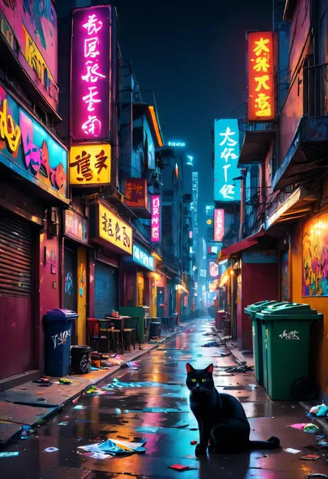 (Best quality at best,4K,A high resolution),City view at night, Vibrant neon lights, Lively KTV、Riman, Stray cat wandering on the street, Colorful graffiti art, eye-catching billboard, Trash bin overflowing