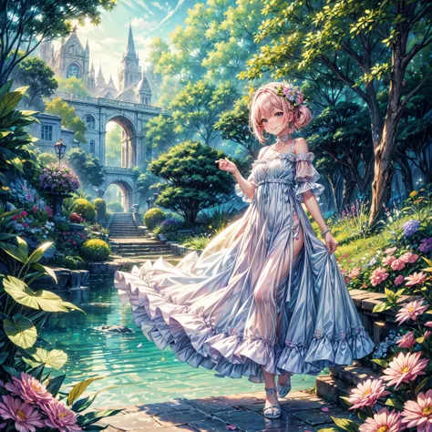 (best quality, 8k, masterpiece:1.2, nsfw ), Cutest,Cute girl, mesugaki, Beautiful face, Beautiful eyes, Beautiful hair, Light pink hair, Lots of colorful flowers, sunshine, peaceful garden, summer dress, smiling, golden hour lighting, vibrant colors, happy...