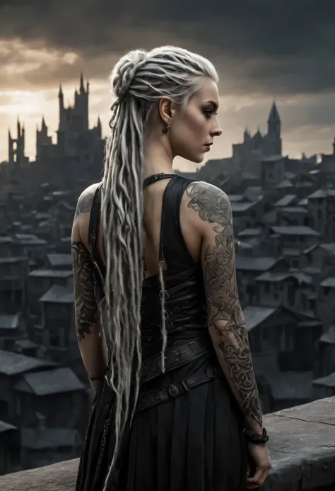 Millie Alcock as Rhaenyra Targaryen, whole body captured from behind, turning my head, to look over your shoulder, platinum dreadlocks cascade down, s face, marked with intricate tattoos, expression, a mixture of attractiveness and menace, The action takes...