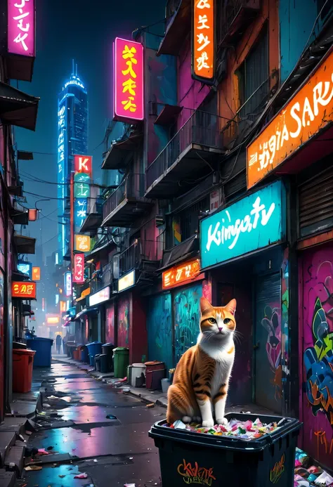 (Best quality at best,4K,A high resolution),City view at night, Vibrant neon lights, Lively KTV、Riman, Stray cat wandering on the street, Colorful graffiti art, eye-catching billboard, Trash bin overflowing