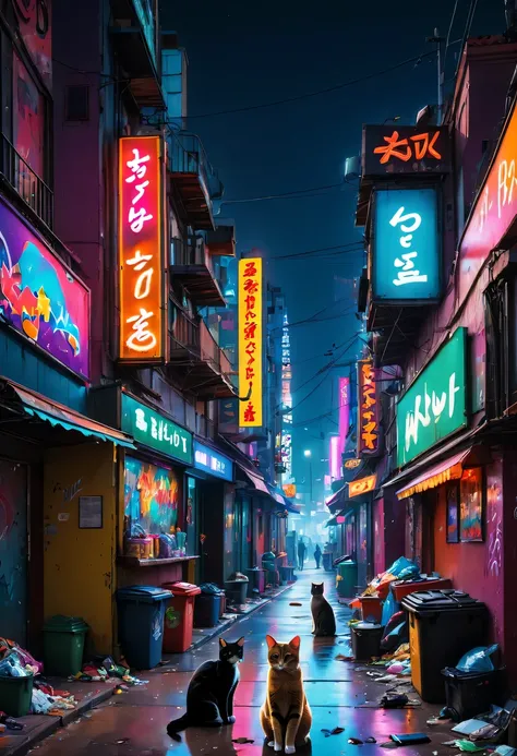 (Best quality at best,4K,A high resolution),City view at night, Vibrant neon lights, Lively KTV、Riman, Stray cat wandering on the street, Colorful graffiti art, eye-catching billboard, Trash bin overflowing