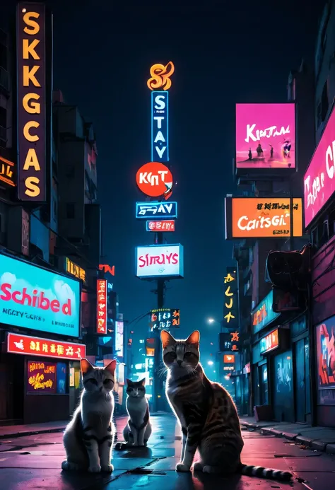 city night scene，KTV,Liman，Stray cats，scribbles，neonlight，advertising billboard，