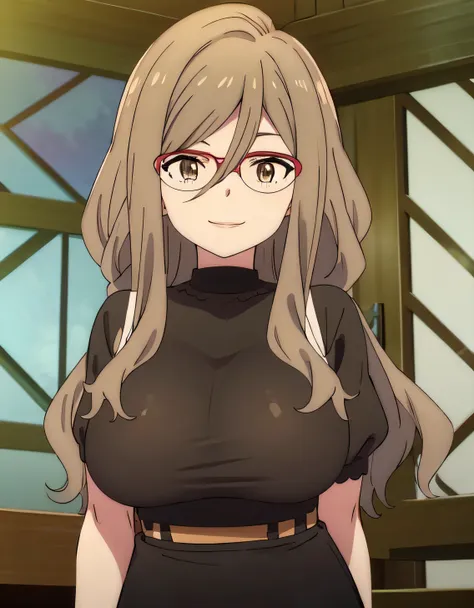 nakahara rishi,absurderes,perfect anatomy,nakahara mitsuki,long hair,red-framed eyewear,black shirt,tight skirt,smile,office roo...