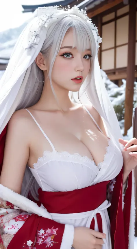 Photorealistic, High resolution, 1 Women, Solo, hips up high,(Lolita costume)， Beautiful eyes, White hair, Ringed Eyes, (Yuki，cloaks，)、Japanese new year kimono、Its snowing、large full breasts