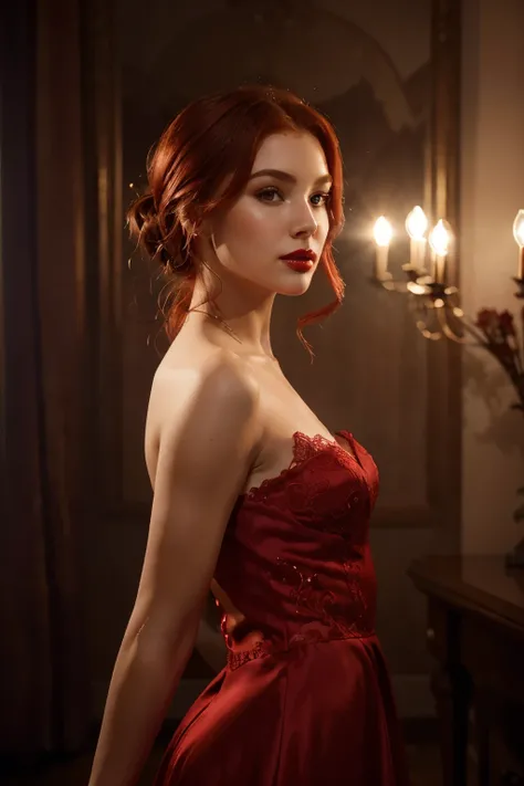 "Create a high-quality image featuring a woman with red hair, fair skin, and impeccable red lipstick application, embodying an elegant and  aesthetic. The lighting should be skillfully arranged to play with light and shadow, enhancing her facial features a...