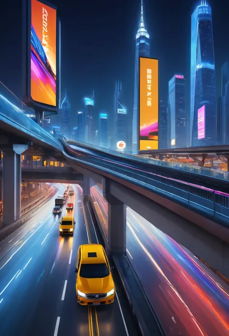 (Best quality at best,A high resolution,tmasterpiece:1.2),ultra - detailed,actual,view over city,nighttime scene,Beautiful lighting,glowing,Touching,Architectural marvel,overpass,skylines,skyscrapper,Towering,illuminated,neonlight,Signs,bustling,Fast-paced...