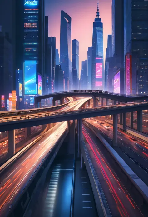 (Best quality at best,A high resolution,tmasterpiece:1.2),ultra - detailed,actual,view over city,nighttime scene,Beautiful lighting,glowing,Touching,Architectural marvel,overpass,skylines,skyscrapper,Towering,illuminated,neonlight,Signs,bustling,Fast-paced...