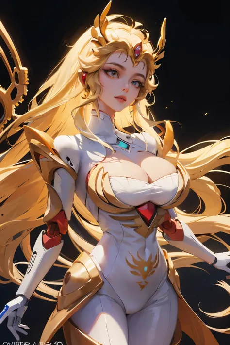 (((masterpiece))),((best quality)),detailed,1girl,realistic,(robot_girl,Mecha):1.2,Ceramic body,Smooth shoulders, golden crown, blonde hair, she-ra aesthetic, Network background,Extremely detailed city,(Translucent body.),Reflective skin),thigh_gap,Detail ...