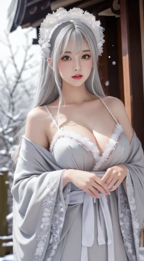 Photorealistic, High resolution, 1 Women, Solo, hips up high,(Lolita costume)， Beautiful eyes, White hair, Ringed Eyes, (Yuki，cloaks，)、Japanese new year kimono、Its snowing、large full breasts、Gray hair